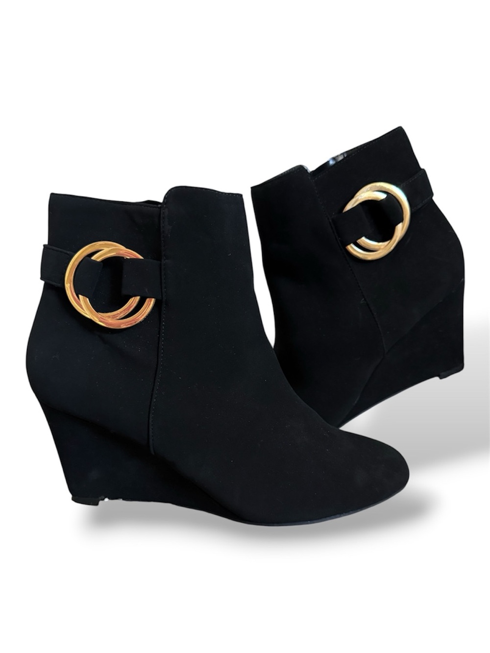 Impo Black Wedge Ankle Boots with Gold Ring Accent